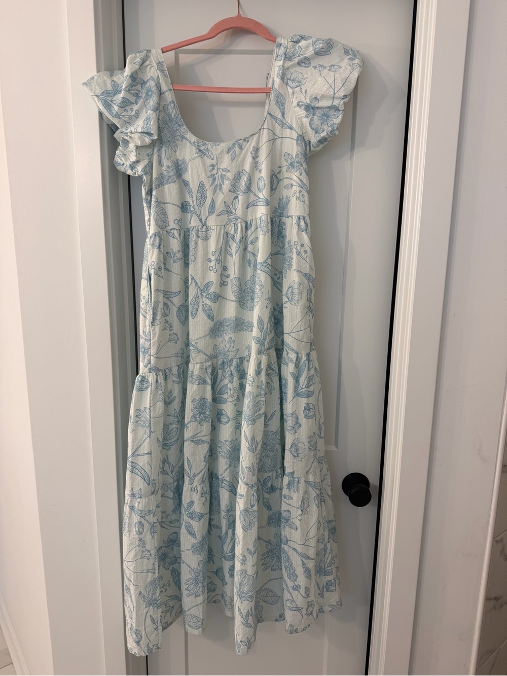 Reistor Light Blue Botanical Ruffle Sleeve Midi Dress
